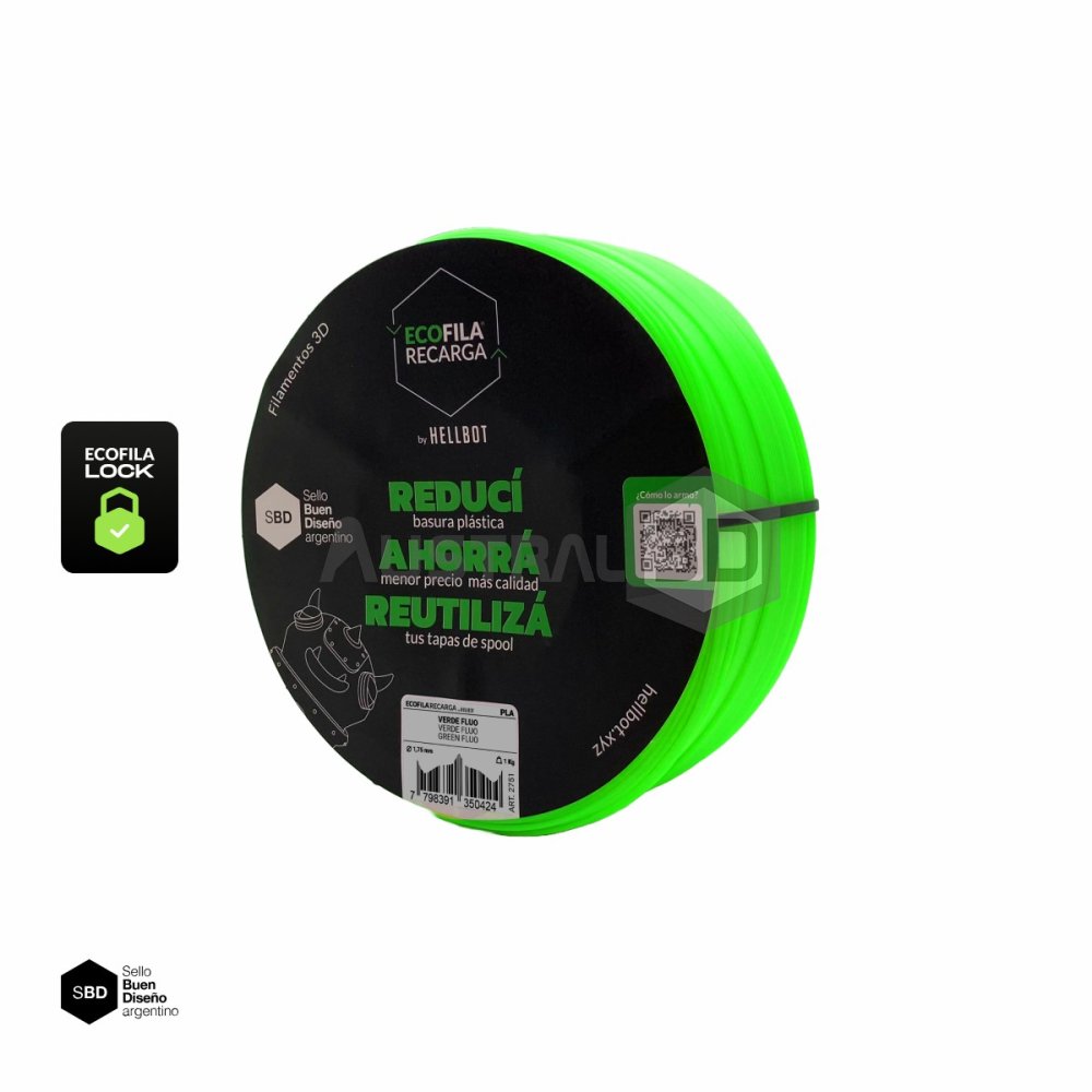 Filamento 3D RECARGA LOCK PLA 1.75 Hellbot 1kg VERDE FLUO