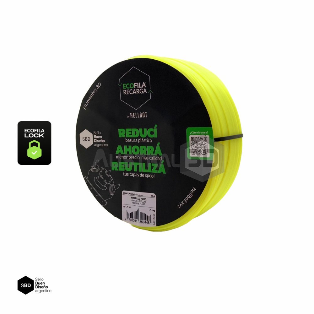 Filamento 3D RECARGA LOCK PLA 1.75 Hellbot 1kg AMARILLO FLUO