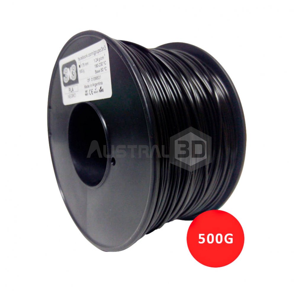 Filamento 3N3 PLA 1.75mm NEGRO x500gr
