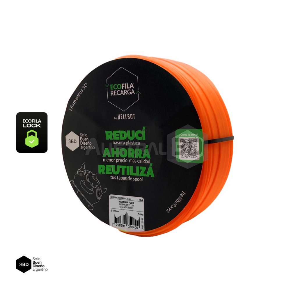 Filamento 3D RECARGA LOCK PLA 1.75 Hellbot 1kg NARANJA FLUO