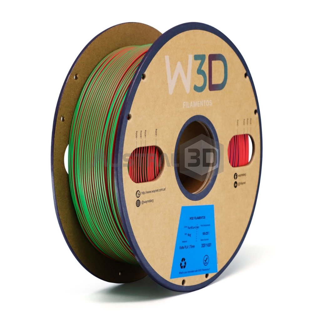 Filamento PLA Mate W3D 1kg TRICOLOR Rojo Azul Verde