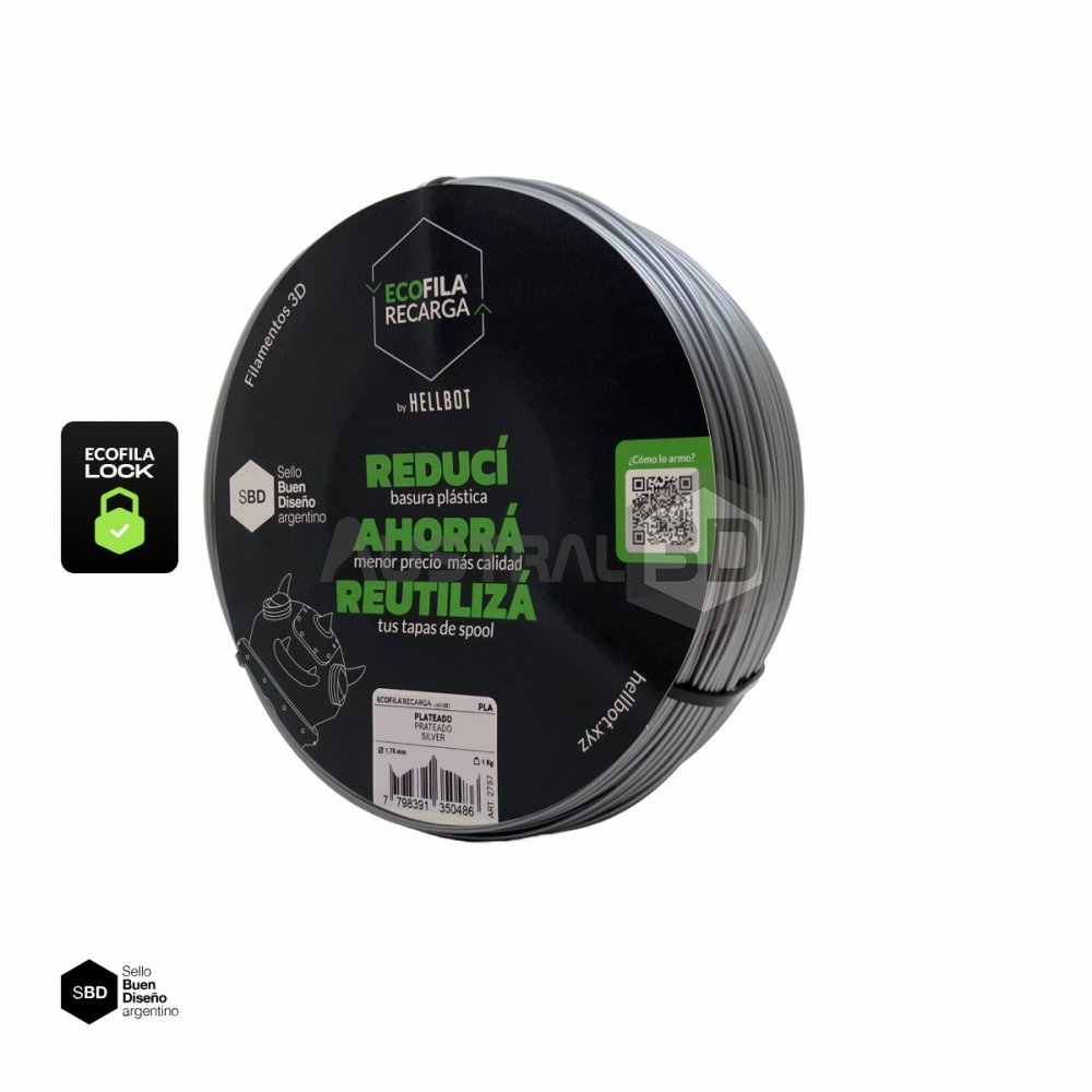 Filamento 3D RECARGA LOCK PLA 1.75 Hellbot 1kg PLATEADO METAL