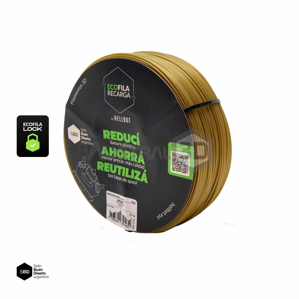 Filamento 3D RECARGA LOCK PLA 1.75 Hellbot 1kg DORADO METAL
